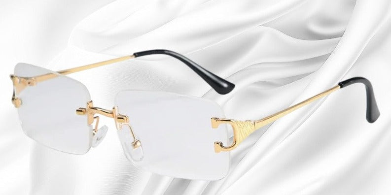 Sonnenbrille randlos rechteckig mit Metallbügeln und getönten Gläsern
