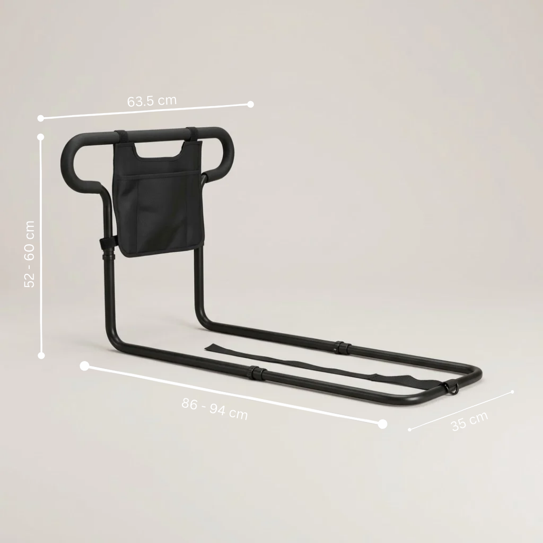 Bed rail assist handle with storage pouch, height-adjustable, up to 136 kg