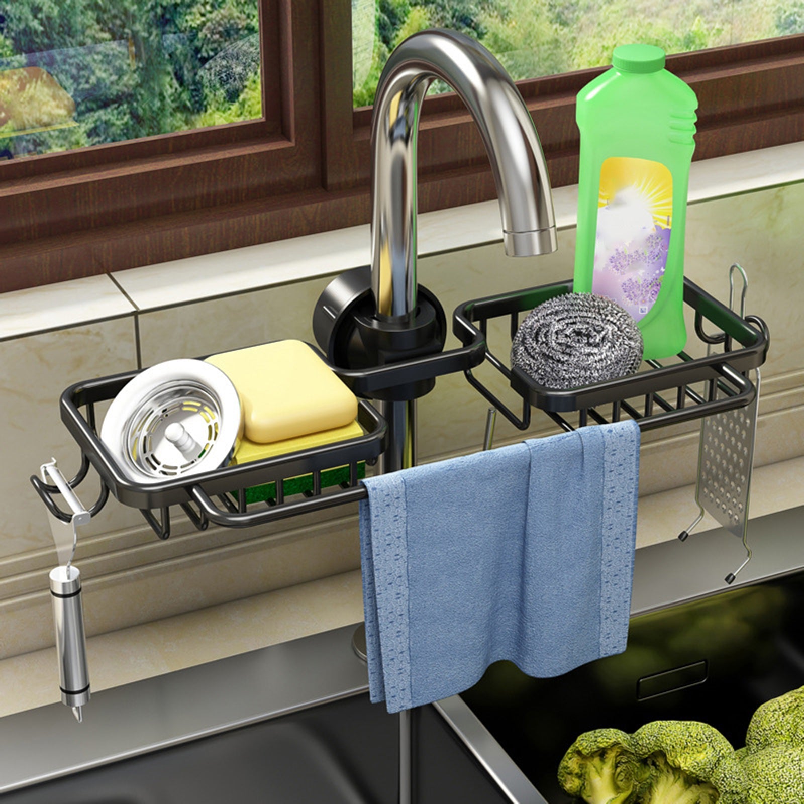 Faucet Kitchen Organizer – Sponge, Brush & Towel Bar in One