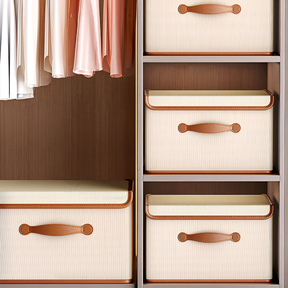 Foldable storage box with lid and leather handles