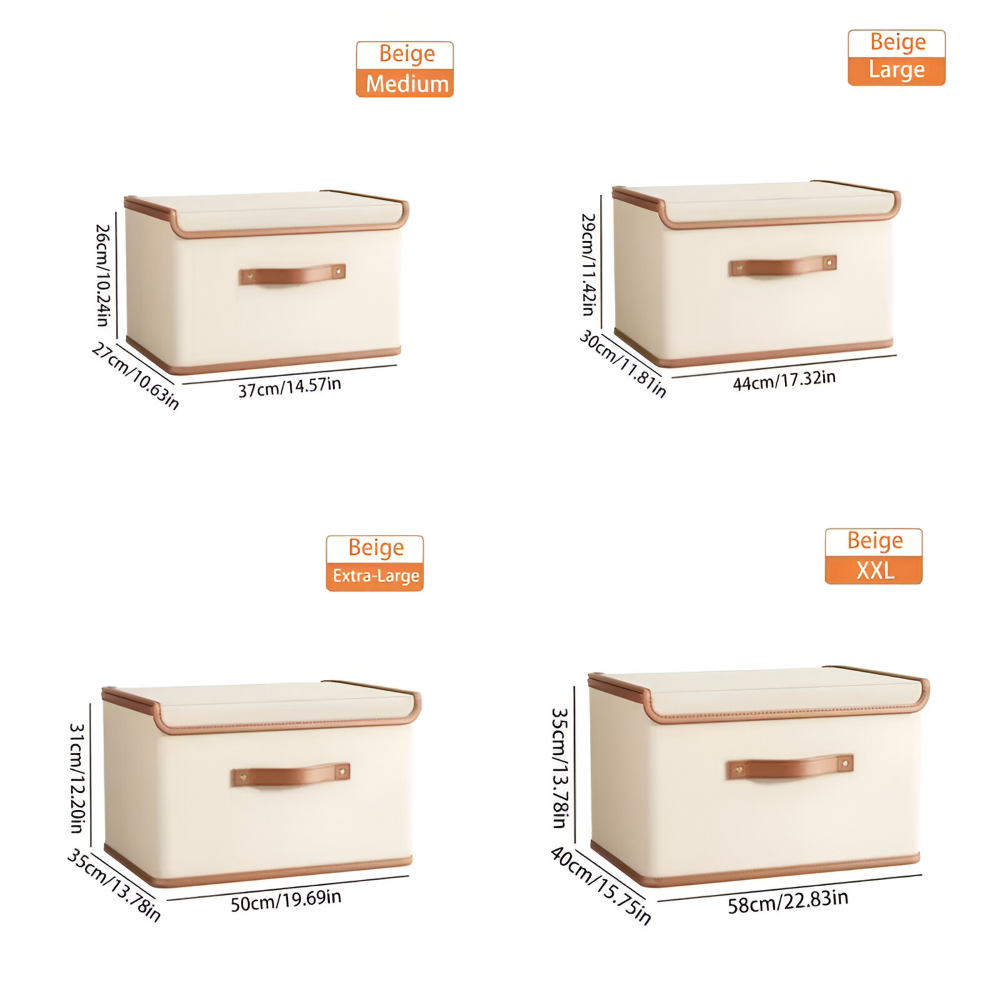 Foldable storage box with lid and leather handles