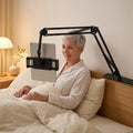 Tablet and phone holder for bed with spring arm - headboard mounting plate, for devices 15–25 cm