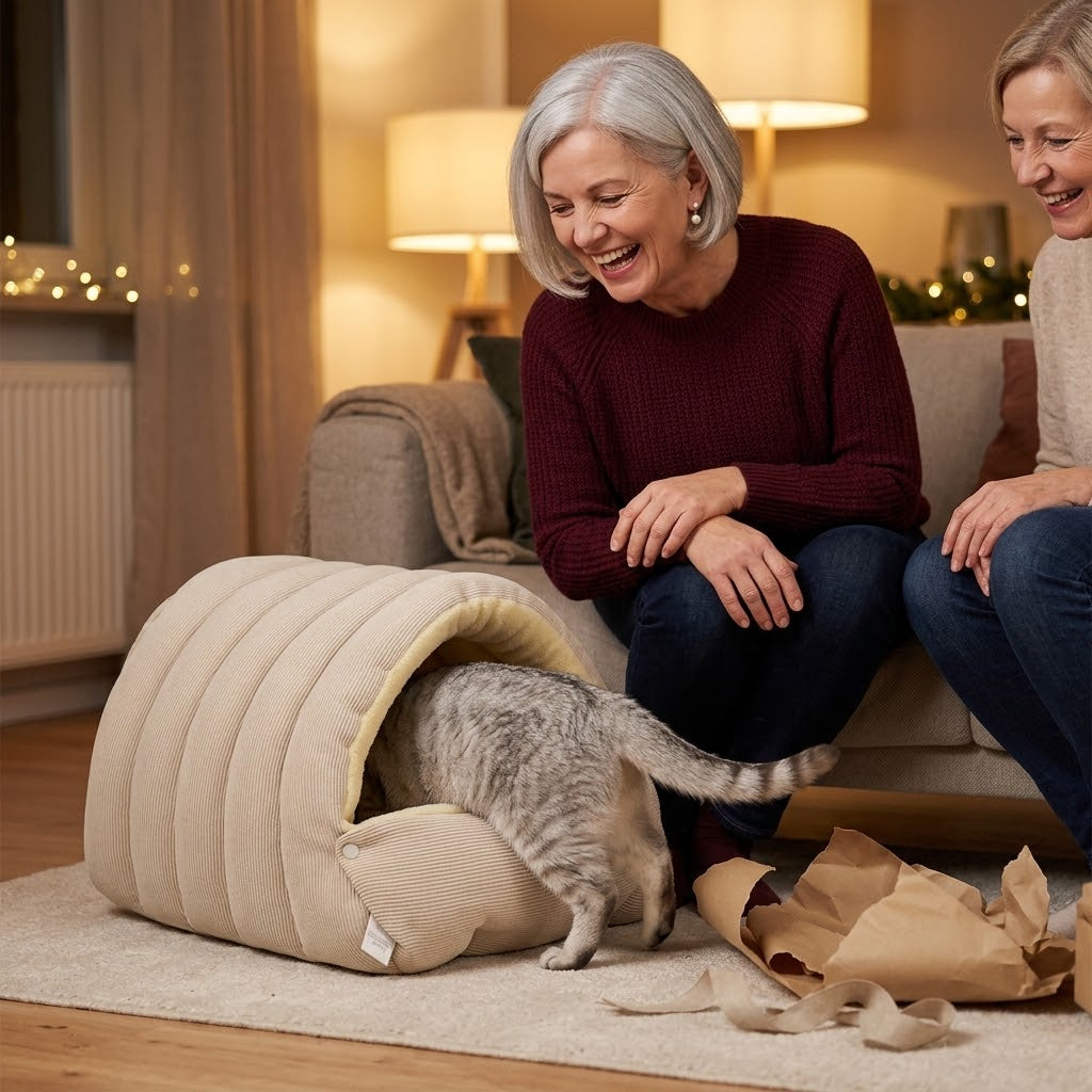 Kuschelhöhle mit Kuppeldach für kleine Hunde & Katzen – Plüsch innen, Cord-Optik außen, 2 Größen