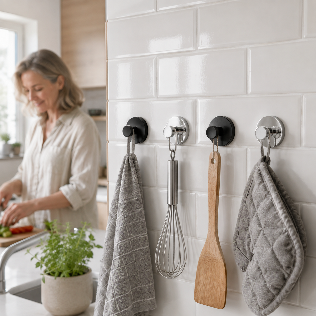 Stainless steel suction cup hooks Black & Silver – Set of 4, no drilling