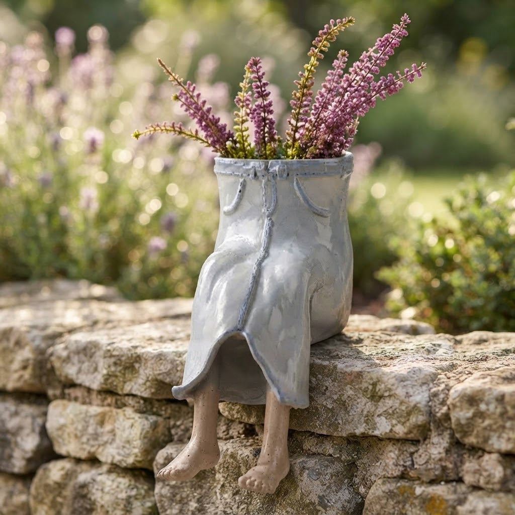 Mini flower pot with sitting legs for table, wall, and shelf edges, polyresin, hand-painted, 6 × 12 × 10 cm