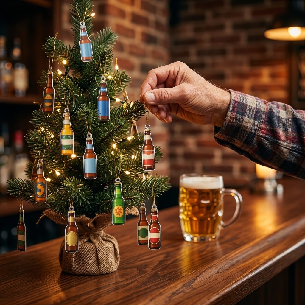 Beer Advent calendar 2026 with 24 flat beer bottle ornaments (approx. 3.9 cm), including hanging ribbons