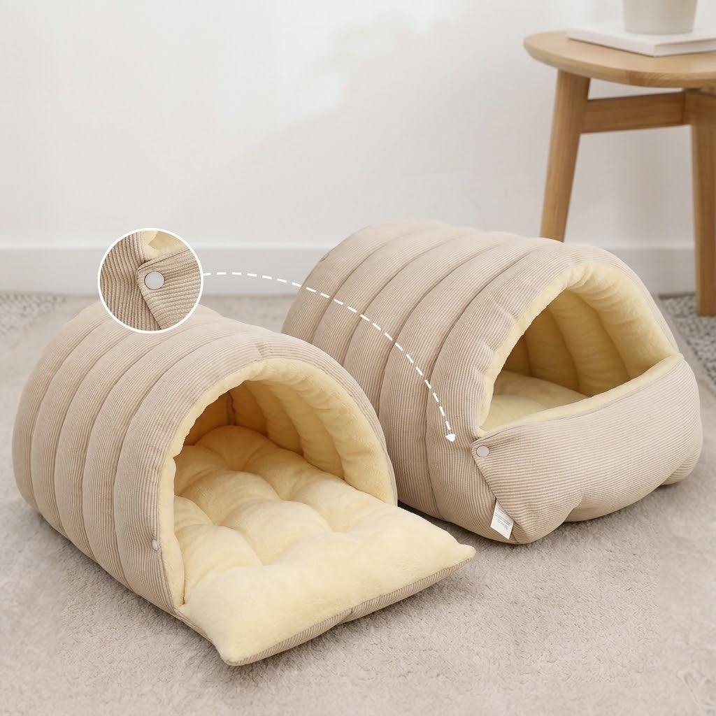 Kuschelhöhle mit Kuppeldach für kleine Hunde & Katzen – Plüsch innen, Cord-Optik außen, 2 Größen