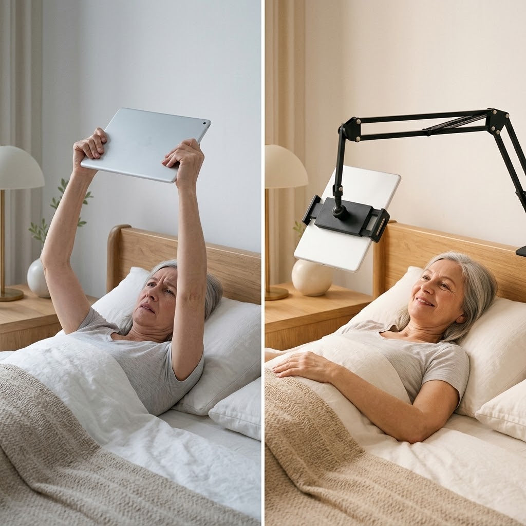 Tablet and phone holder for bed with spring arm - headboard mounting plate, for devices 15–25 cm