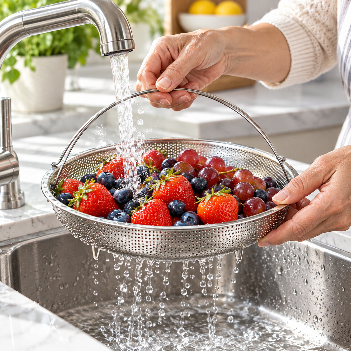 Stainless Steel Strainer Basket with Handle for Steaming and Washing, Ø 22.5 / 24.5 cm