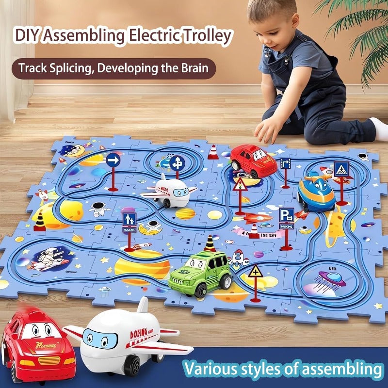 Puzzle-Straßenset mit Auto und Verkehrsschildern