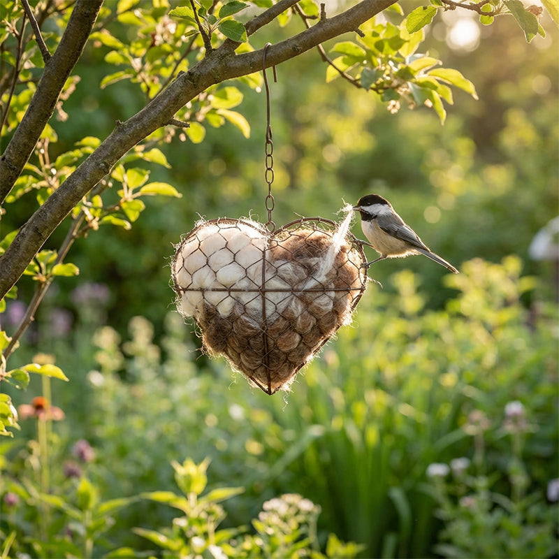 Herzförmiger Halter für Vogelnestmaterial mit Aufhängekette