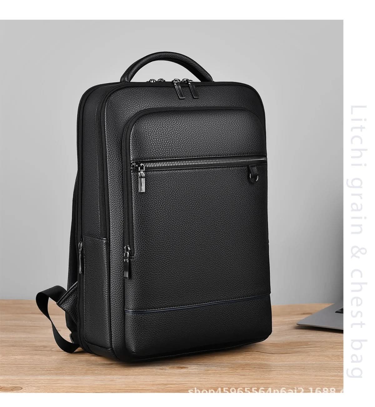 Leather backpack with USB charging port for 15.6-inch laptop