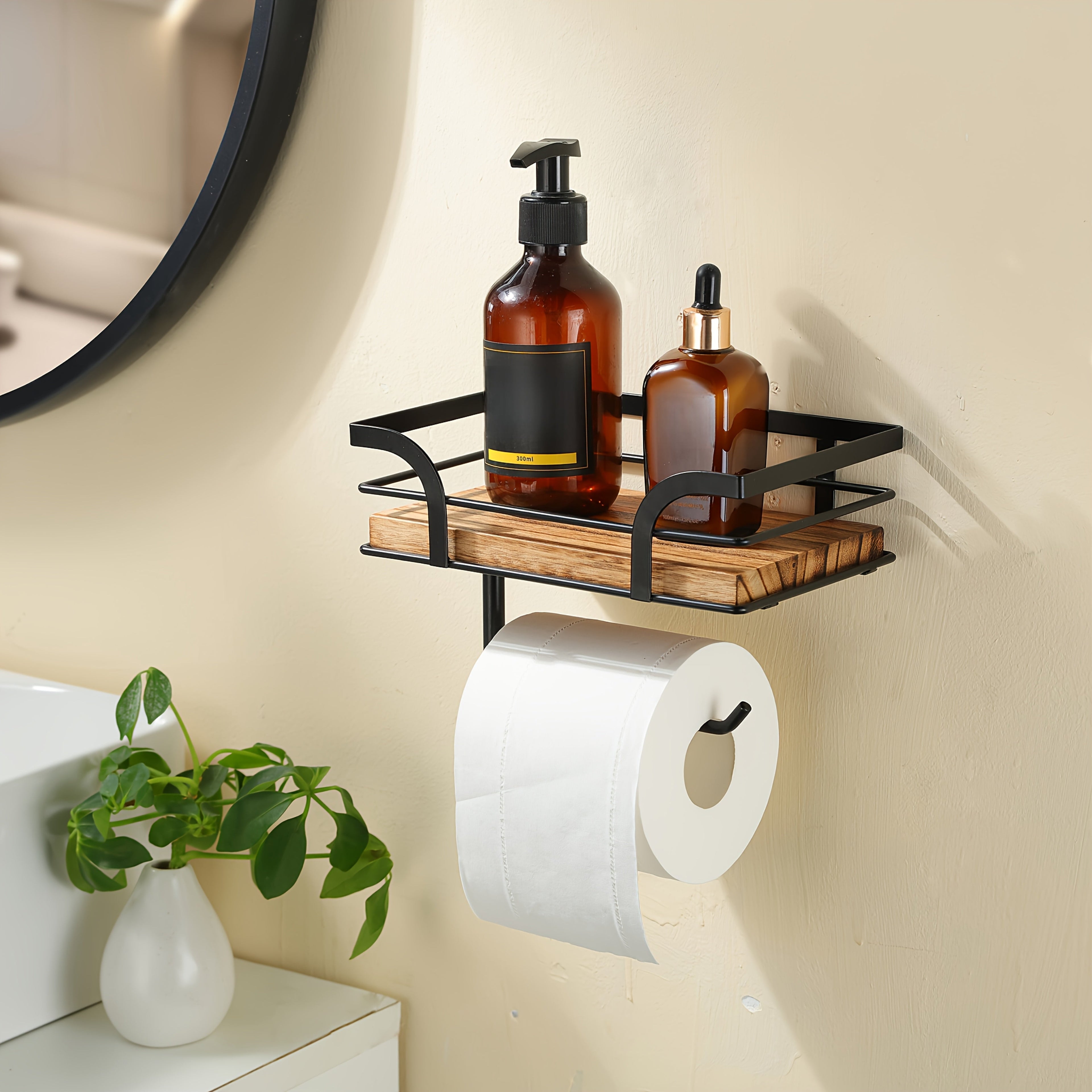 Wall Shelf with Toilet Paper Holder – Metal & Wood