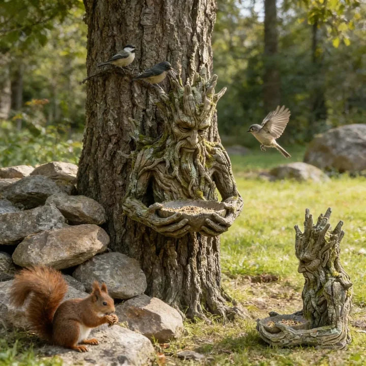 Baumgesicht-Vogelfutterstelle mit Schale – Wetterfest
