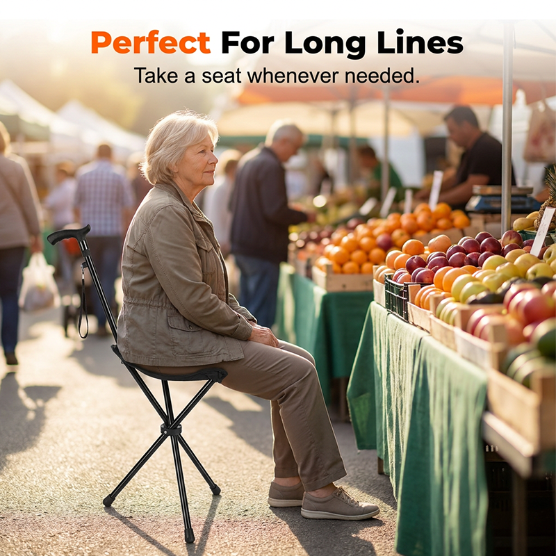 Walking stick with seat function – height adjustable, foldable