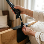 Tablet and phone holder for bed with spring arm - headboard mounting plate, for devices 15–25 cm