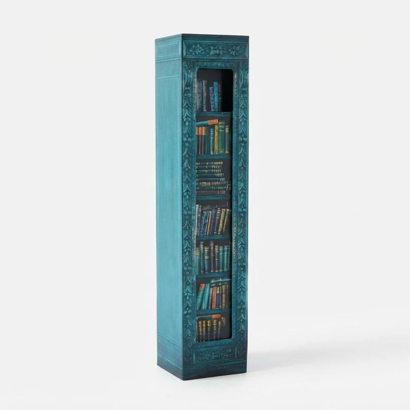 Book advent calendar with 25 mini books on a bookshelf, turquoise