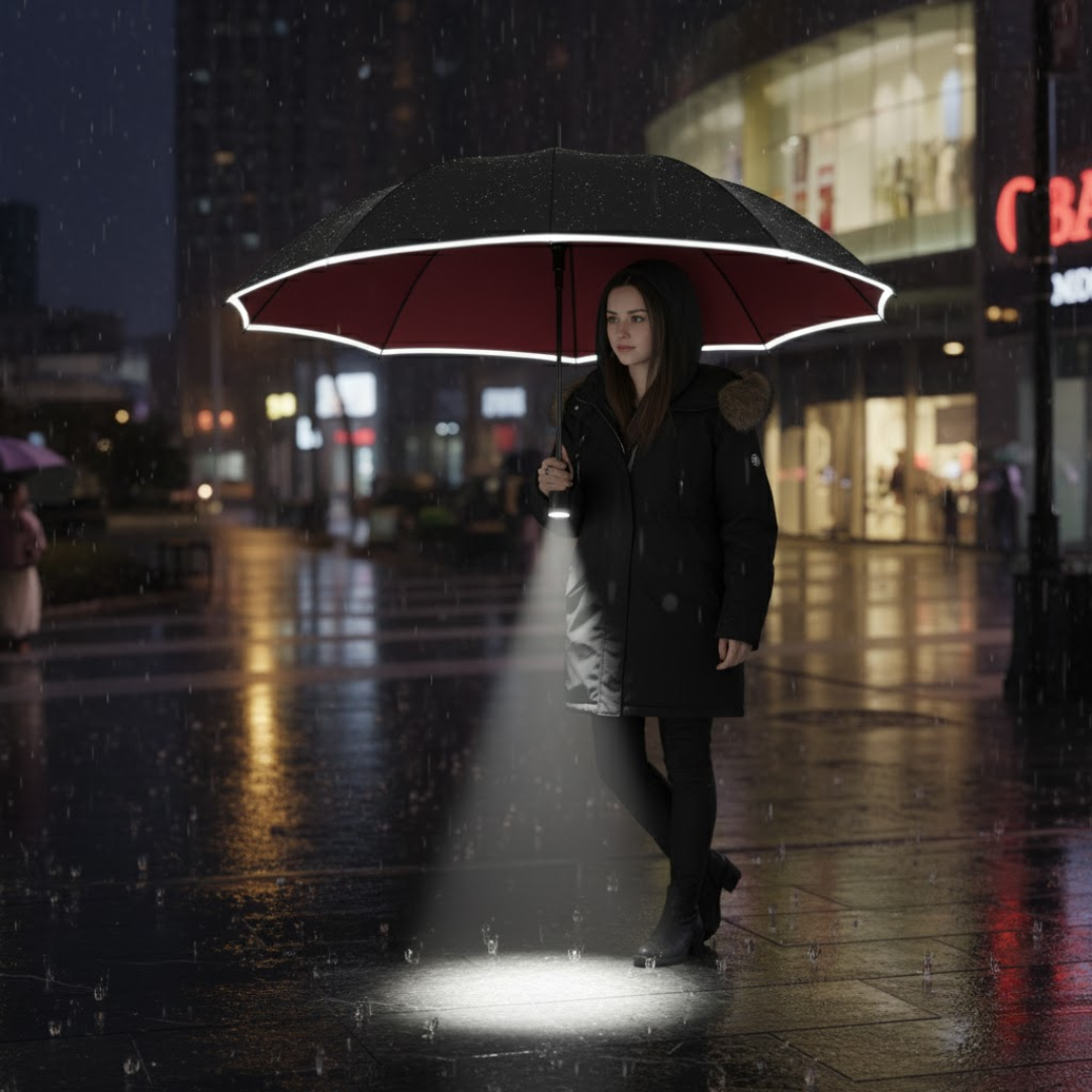 Stormproof umbrella with LED lighting and automatic mechanism