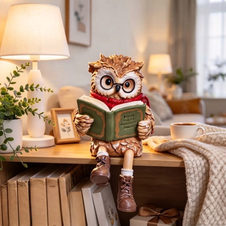 Owl edge-sitter figurine with book, glasses and scarf – 15 cm