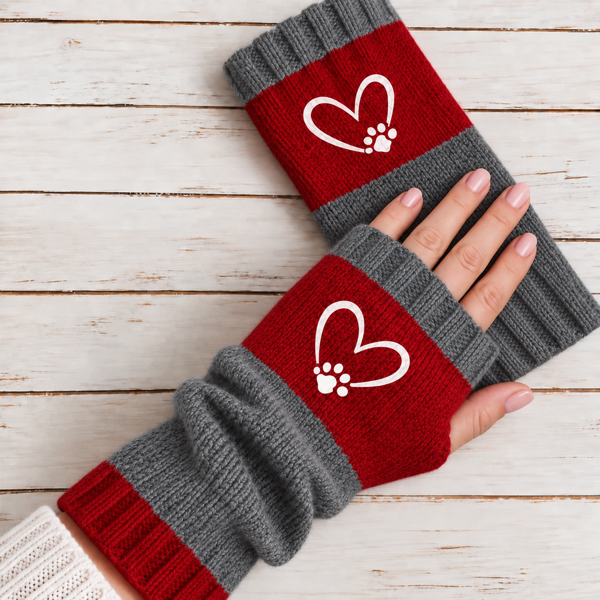 Strickhandschuhe fingerlos mit Herzmotiv