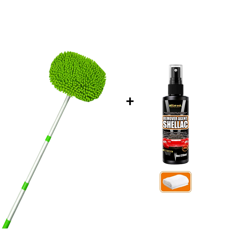 Telescopic car wash brush with rotating microfiber head