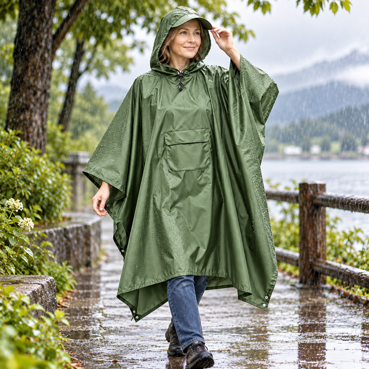 Regenponcho mit Kapuze und Fronttasche, faltbar – 210 × 140 cm