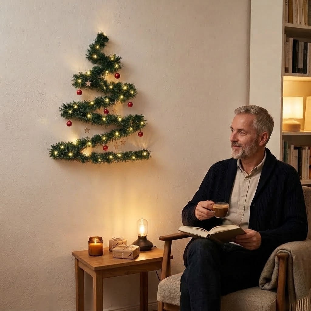 Wall-mounted Christmas tree with LED string lights – DIY fir garland, warm white, battery-operated