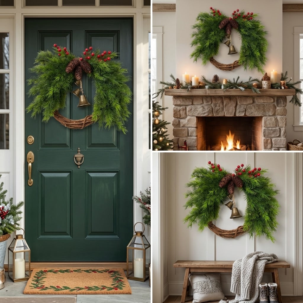 Country-style Christmas wreath with pinecones, berries, and bells, approx. 45 cm