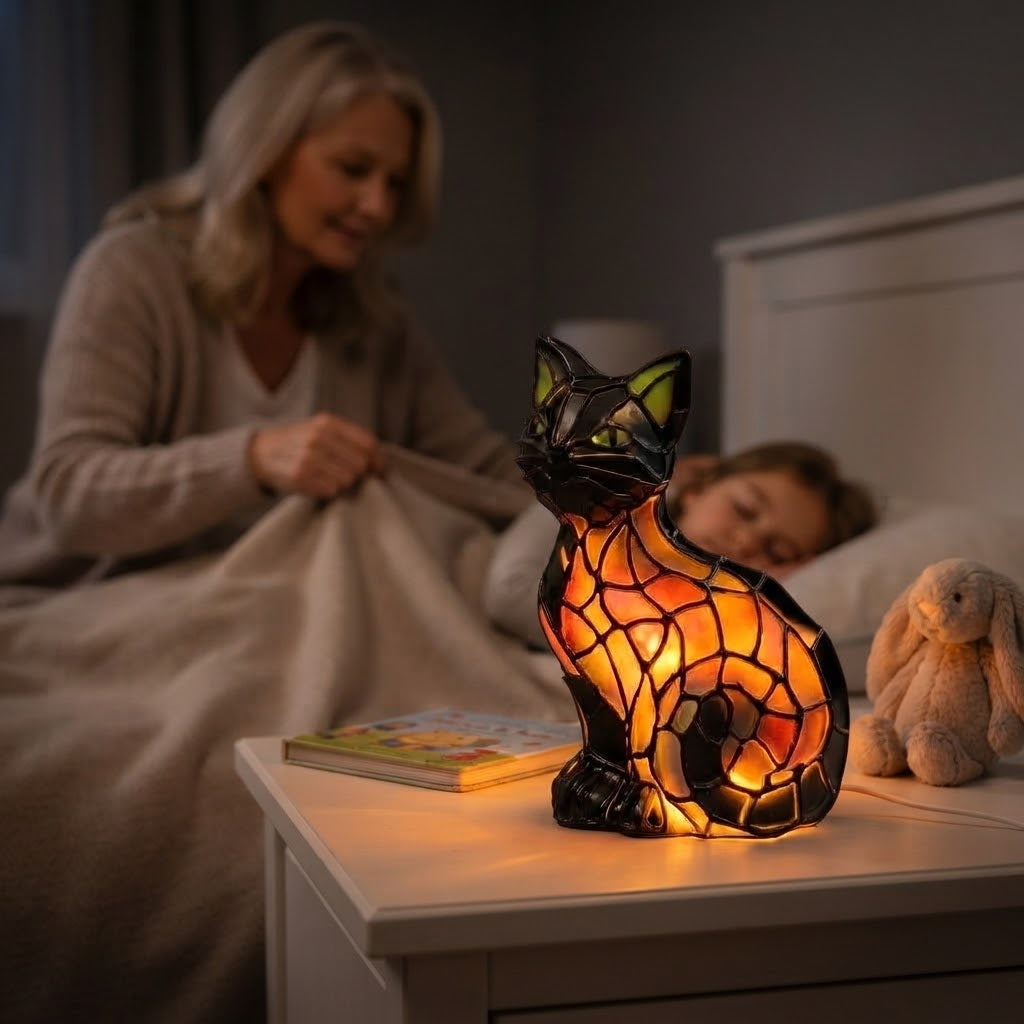 LED cat night light in stained-glass style with USB connection
