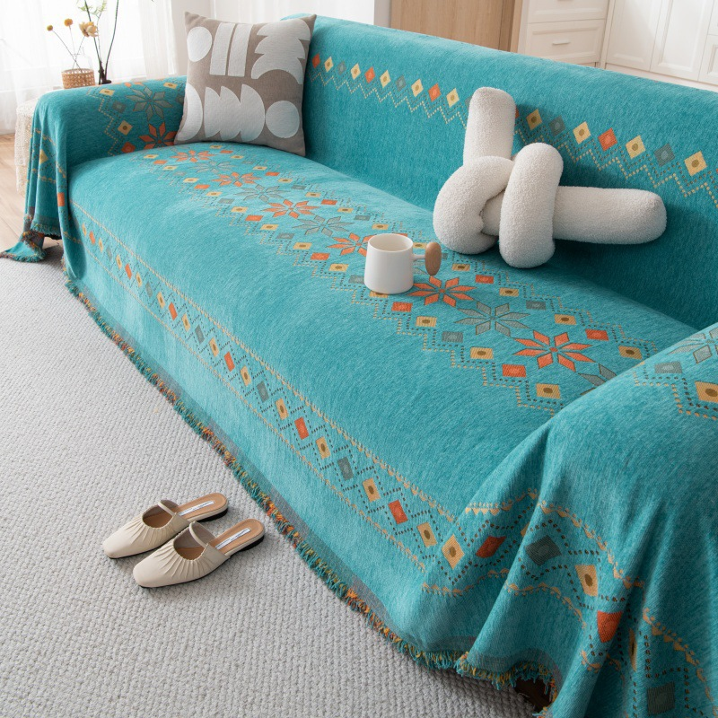 Chenille Sofa Cover with Fringes – Reversible, Geometric Pattern