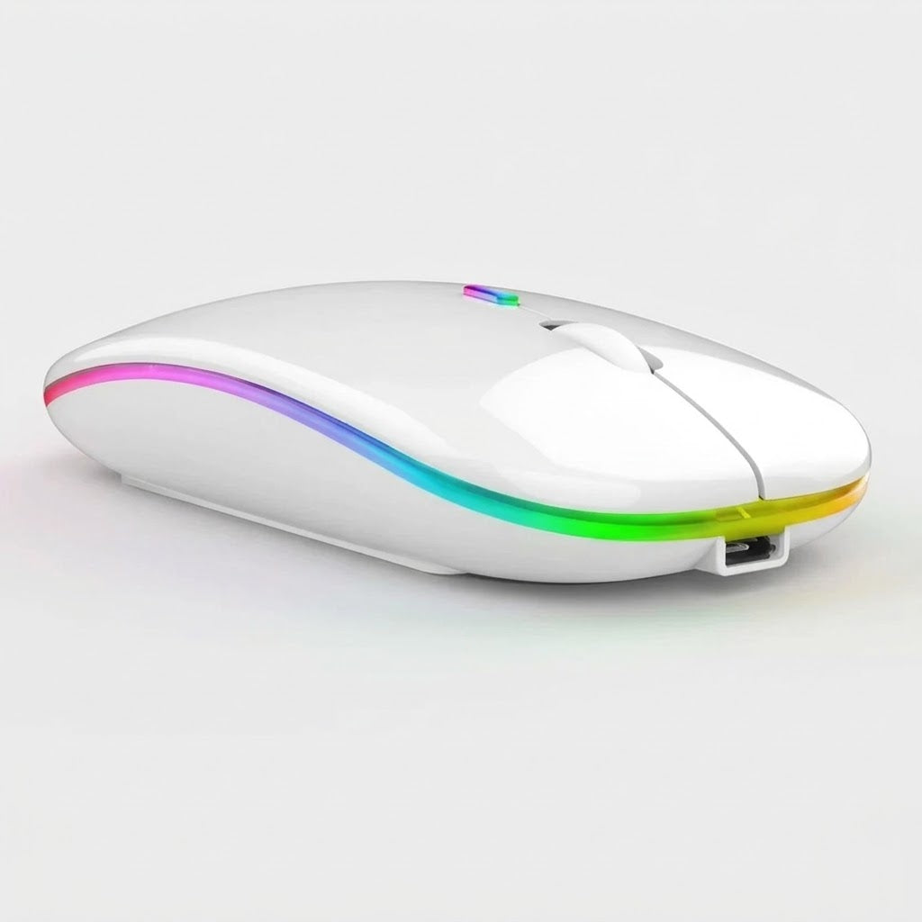 Quiet wireless mouse, Bluetooth 5.2 and USB receiver, rechargeable, RGB