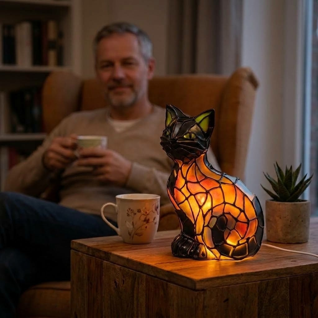 LED-Katzen-Nachtlicht in Buntglas-Optik mit USB-Anschluss