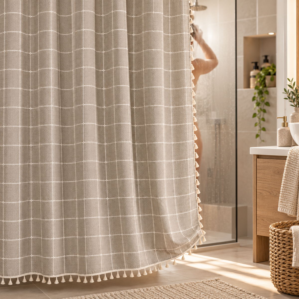 Duschvorhang Leinenoptik mit Quasten – Boho Landhausstil