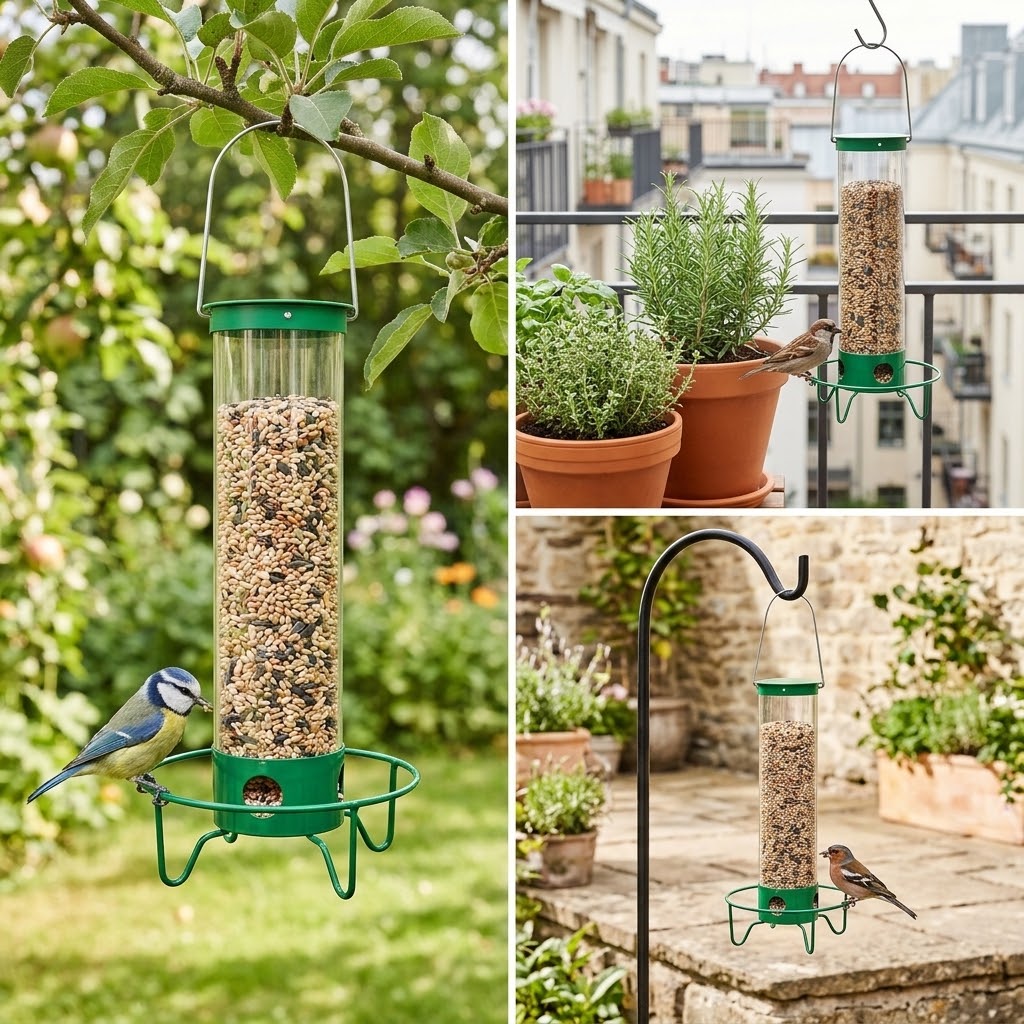 Futtersäule für Wildvögel mit Sitzring und transparenter Röhre