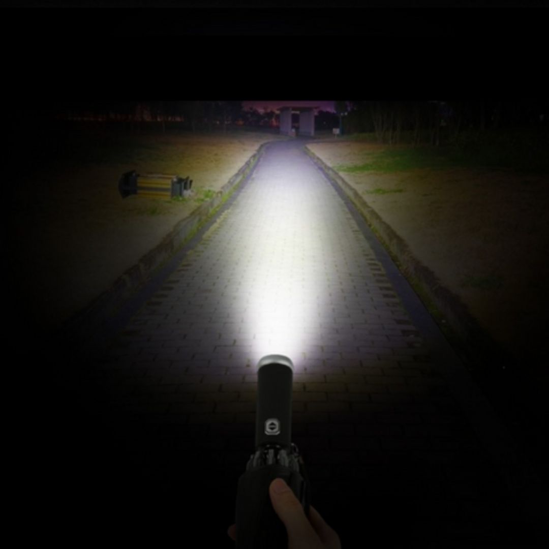 Stormproof umbrella with LED lighting and automatic mechanism