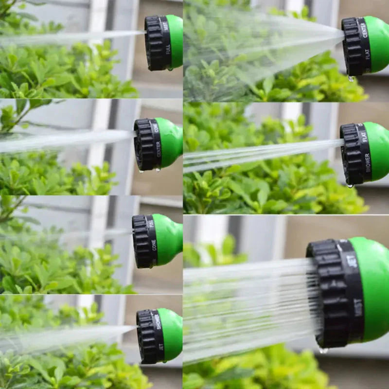 Stretchable garden hose with 7-function spray gun – Expands to 3 times its length