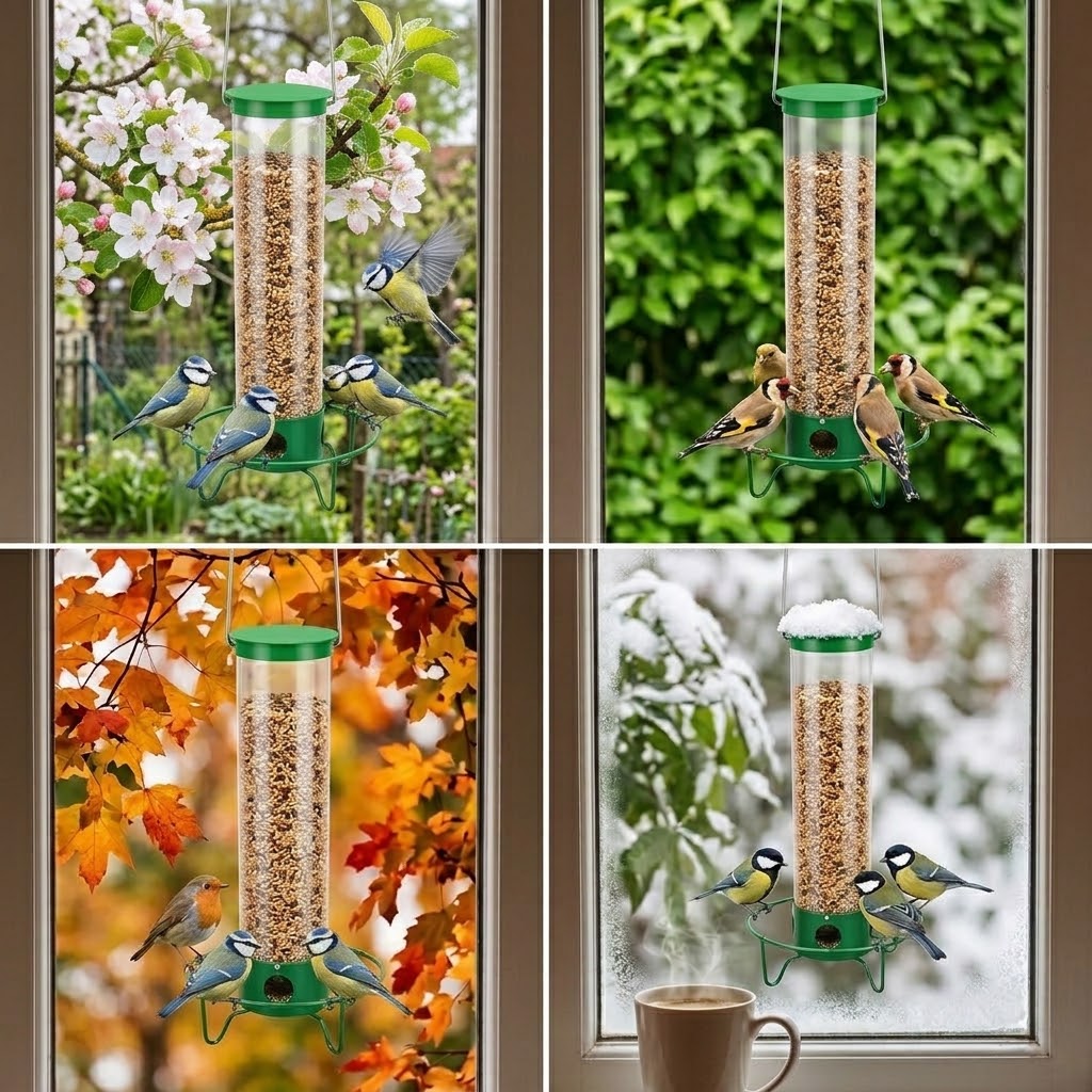 Futtersäule für Wildvögel mit Sitzring und transparenter Röhre