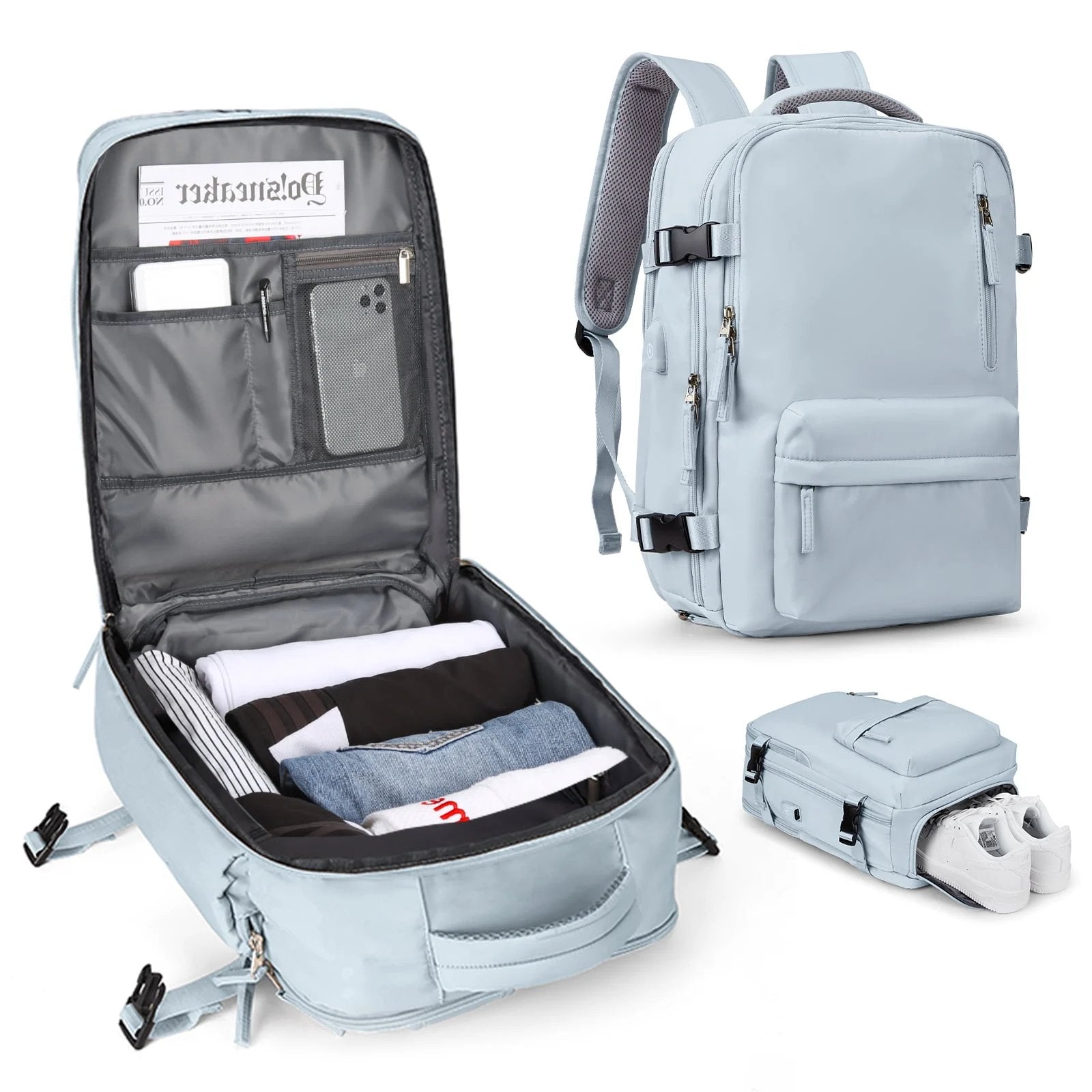 Travel backpack 35 L with USB port and shoe compartment