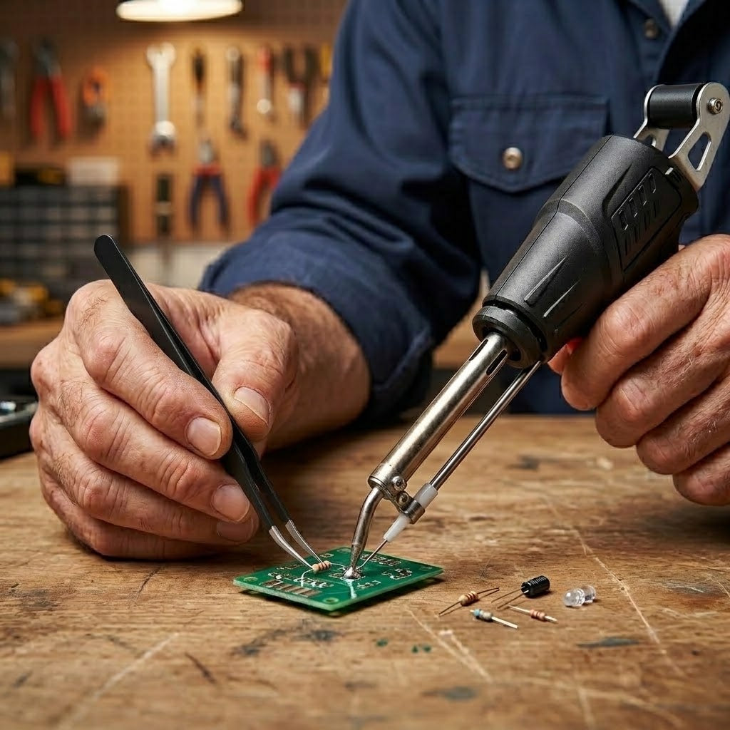 Soldering gun with automatic solder wire feed - Complete set with soldering stand, desoldering pump & solder
