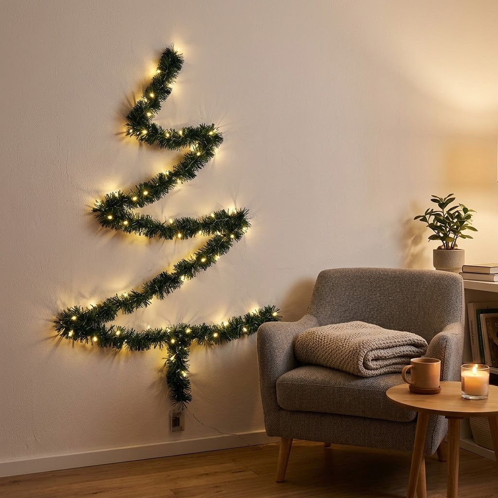 Wall-mounted Christmas tree with LED string lights – DIY fir garland, warm white, battery-operated
