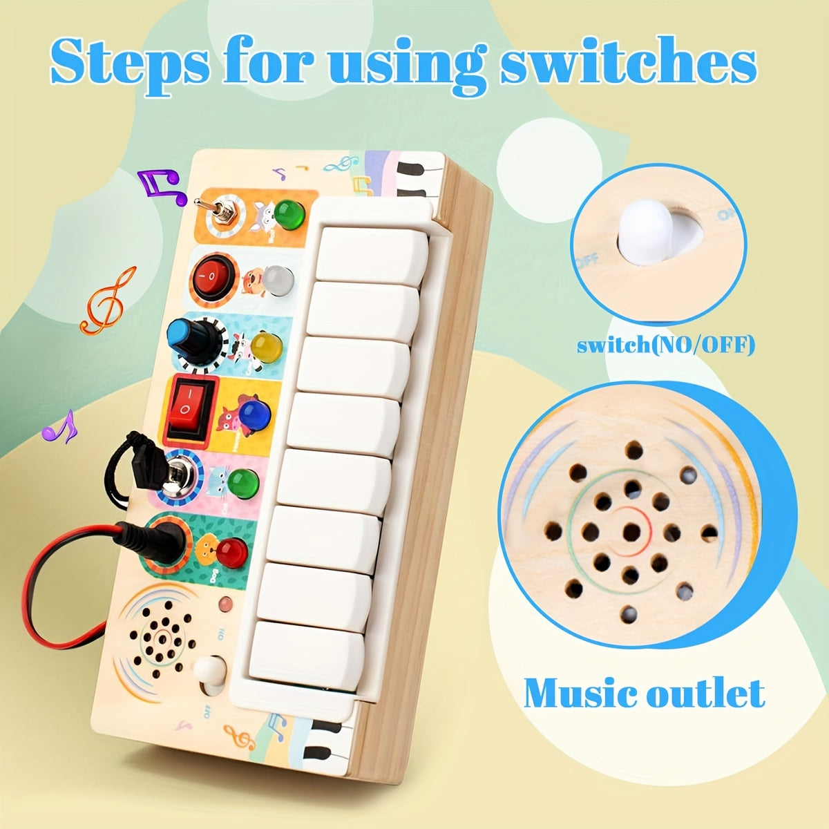 Wooden music learning toy with keys and lights
