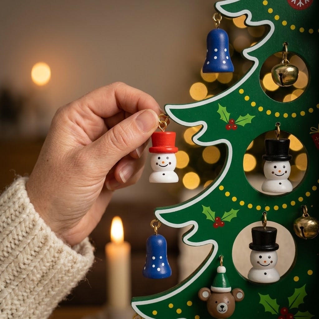 Advent calendar with wooden Christmas tree to decorate, 24 wooden ornaments