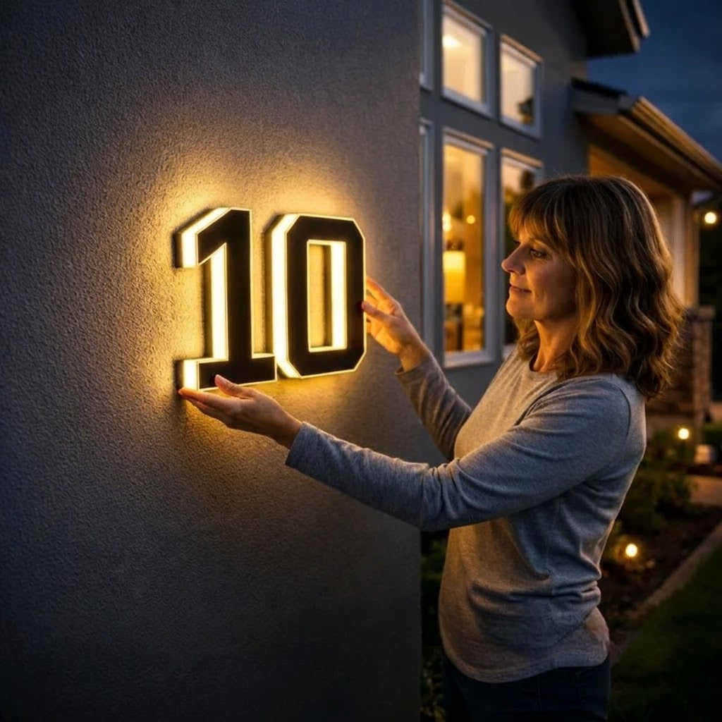 Solar house number sign with LED lighting