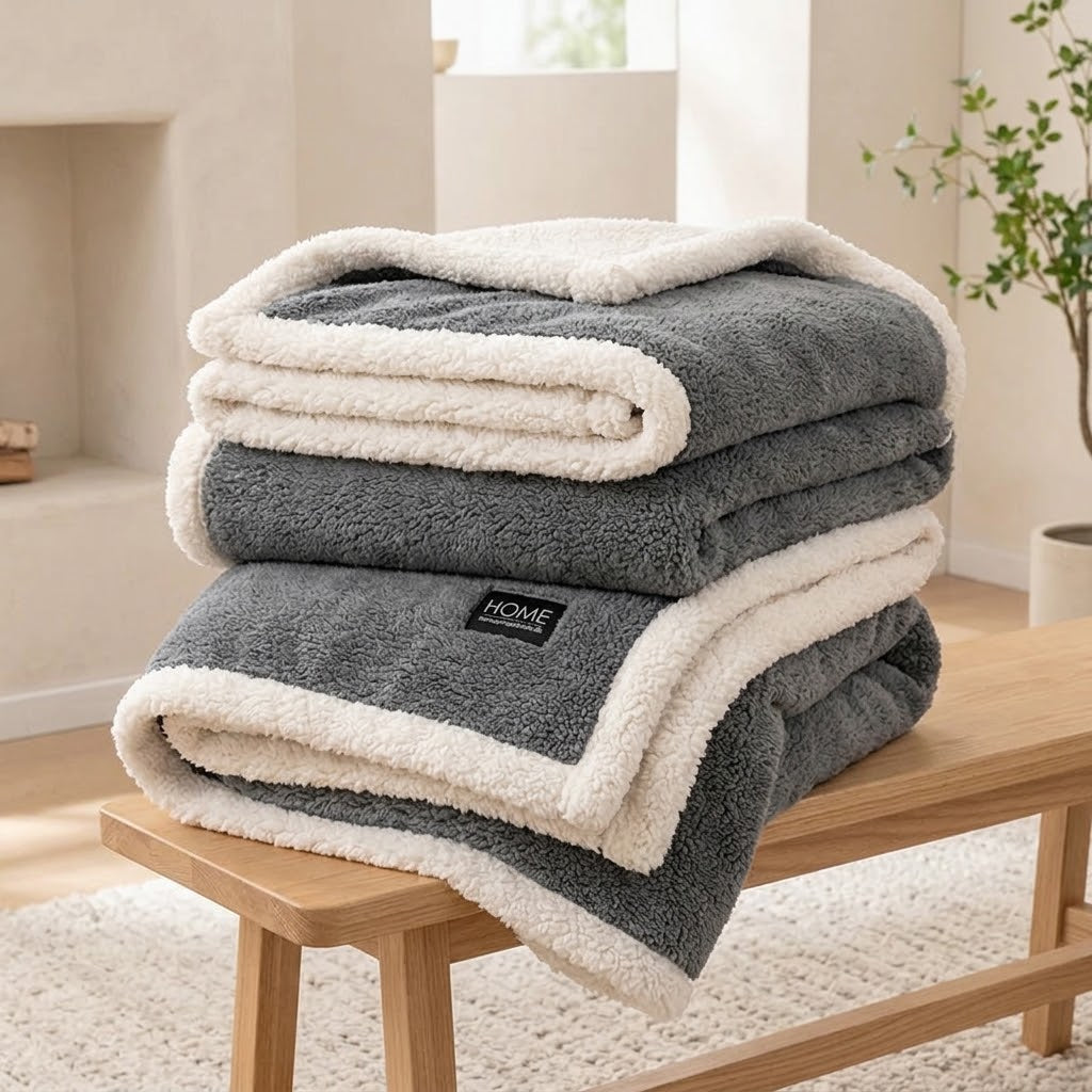 Sherpa-Kuscheldecke für den Winter – doppellagig mit Teddy-Fleece, 100 x 150 bis 200 x 230 cm