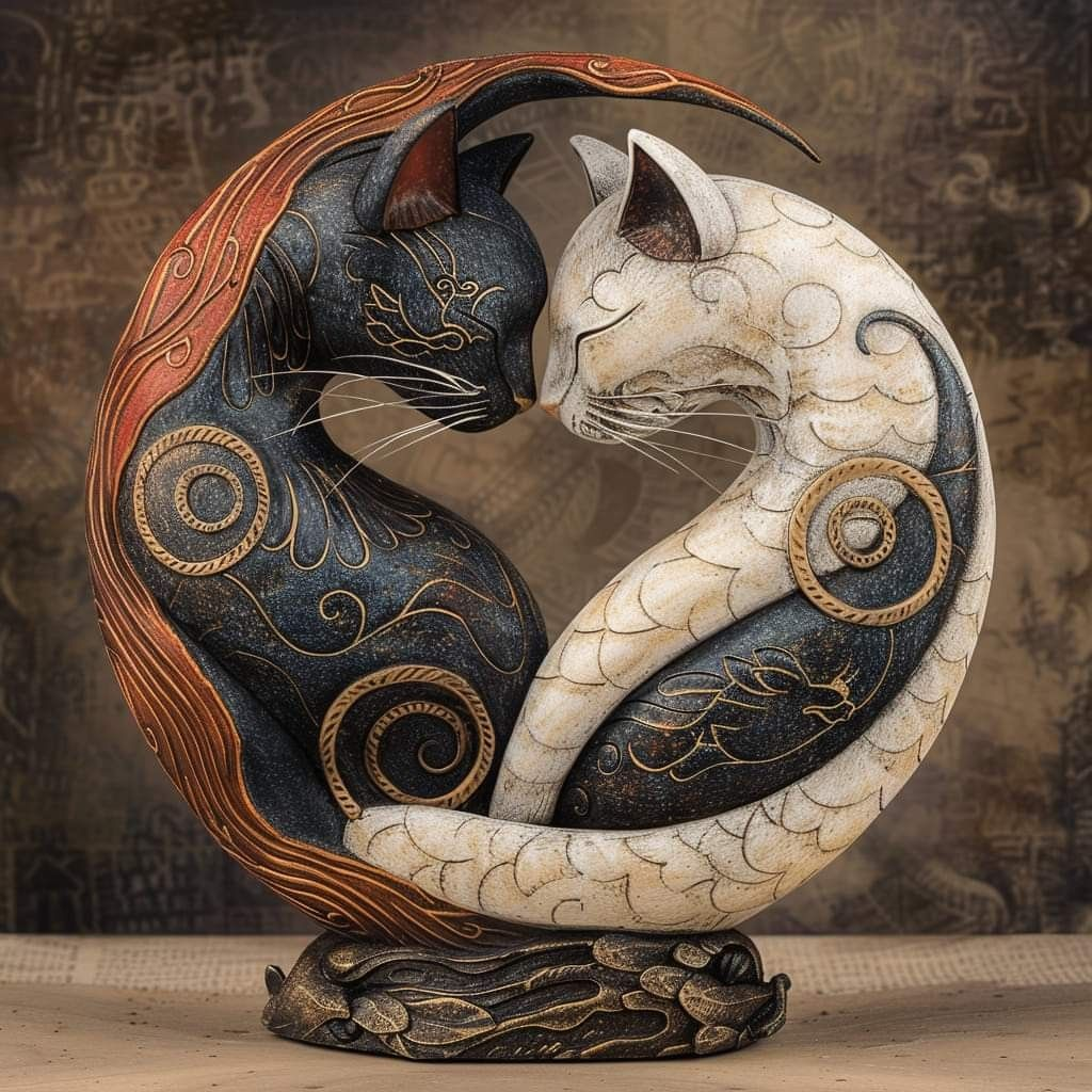 Katzen Yin-Yang Skulptur – Handgefertigte Dekofigur