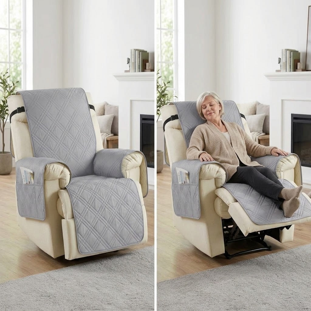 Sesselschoner für Relaxsessel mit 2 Seitentaschen, waschbar – 232 × 63 cm