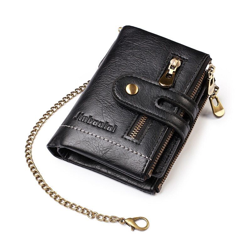 Retro-Lederbrieftasche mit Kette – 13 Kartenfächer & Doppelreißverschluss