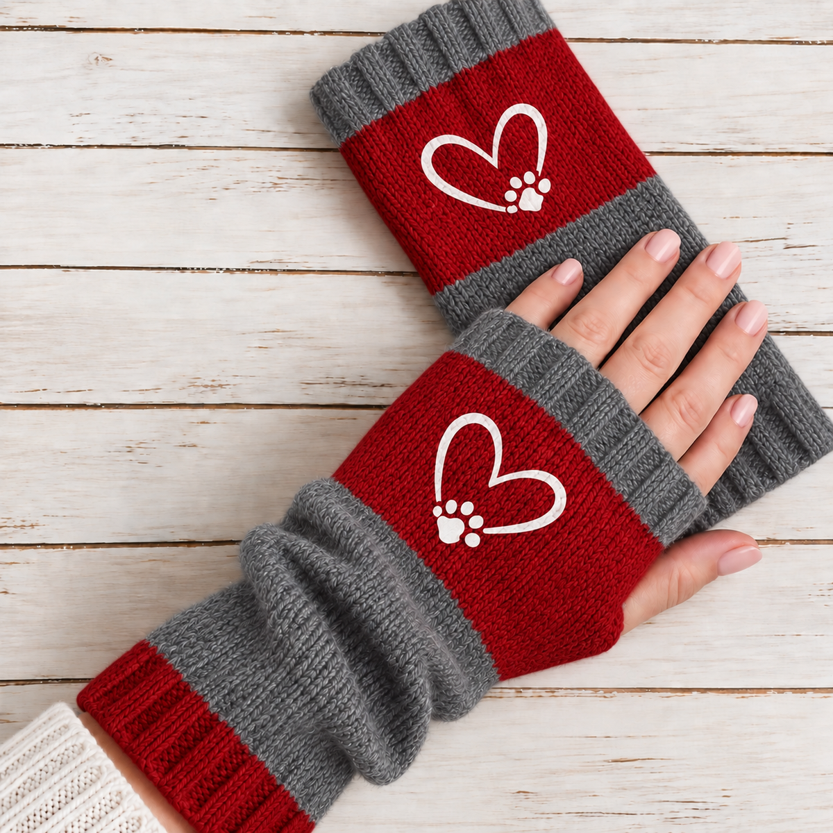 Strickhandschuhe fingerlos mit Herzmotiv