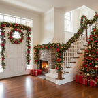 Christmas garland 2.7 m with fir branches, poinsettias & baubles