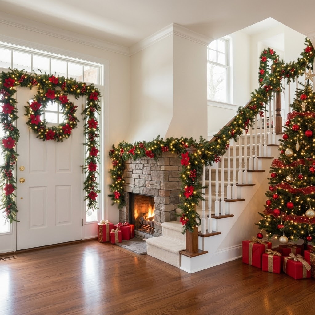 Christmas garland 2.7 m with fir branches, poinsettias & baubles